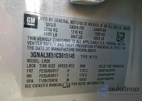 2012 Chevrolet Captiva Sport from USA, damaged, VIN 3GNAL3E51CS615145